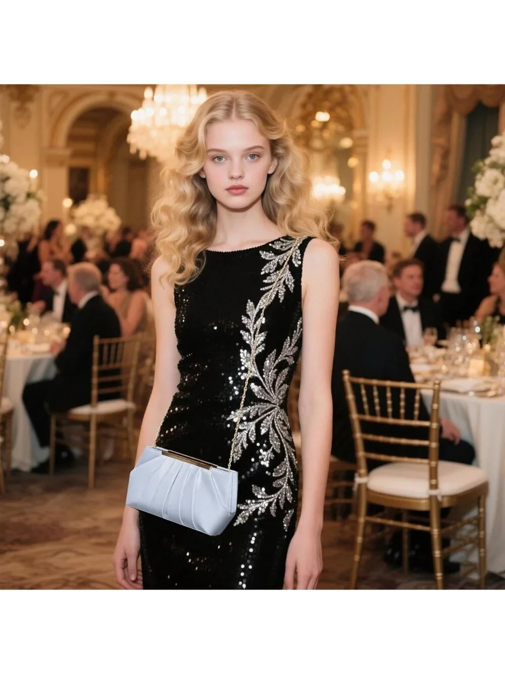 👜 Women's Silver Satin Evening Bag Elegant Pleated Formal Clutch With Chain
